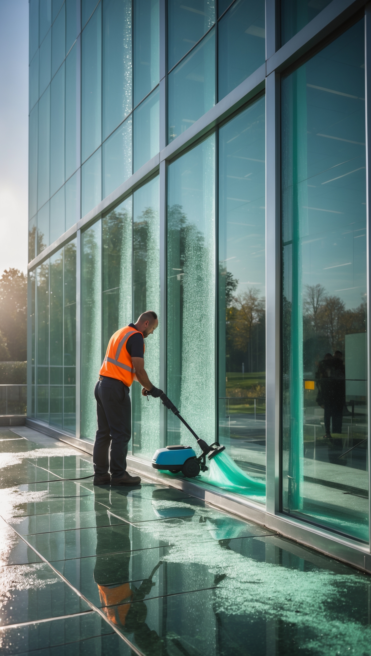 Fensterputzer reinigt Glasfassade eines modernen Bürogebäudes in Groß Gerau bei hellem Tageslicht, professionelle Fotografie, 4K Qualität