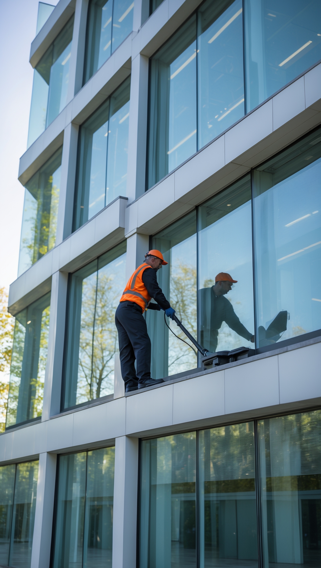 Fachkraft reinigt Fenster eines modernen Bürogebäudes mit Glasfassade bei klarem Tageslicht in Groß-Gerau, professionelle Fotografie, 4K Qualität