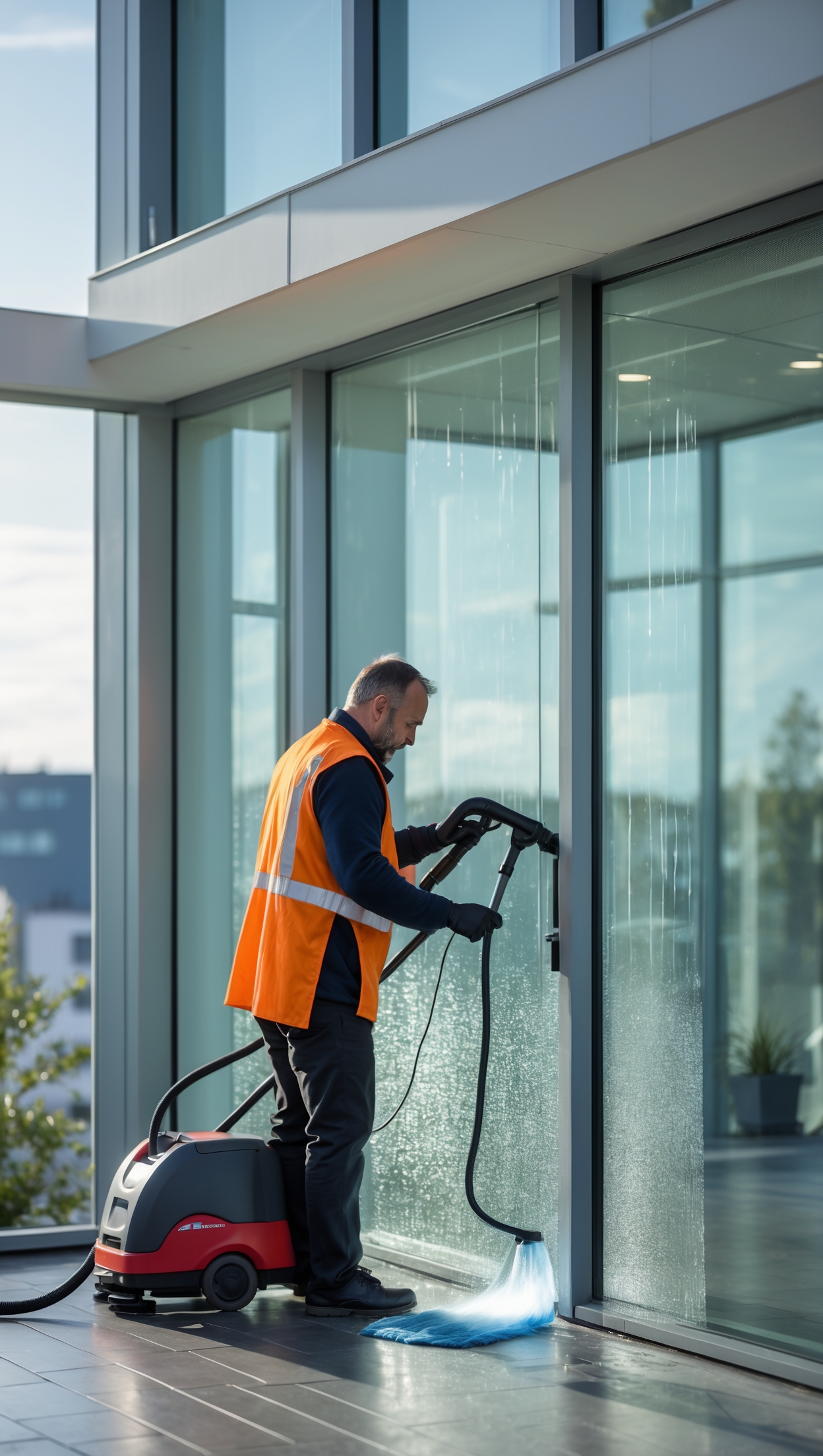 Fensterputzer reinigt Bürofenster mit Teleskopstange an moderner Glasfassade im Tageslicht, klare Sicht, professionelle Fotografie, 4K Qualität