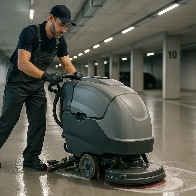 Fachkraft reinigt gründlich Boden einer modernen Tiefgarage mit Reinigungsmaschine, helle LED-Beleuchtung, professionelle Fotografie, 4K Qualität