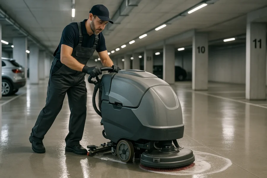 Fachkraft reinigt gründlich Boden einer modernen Tiefgarage mit Reinigungsmaschine, helle LED-Beleuchtung, professionelle Fotografie, 4K Qualität