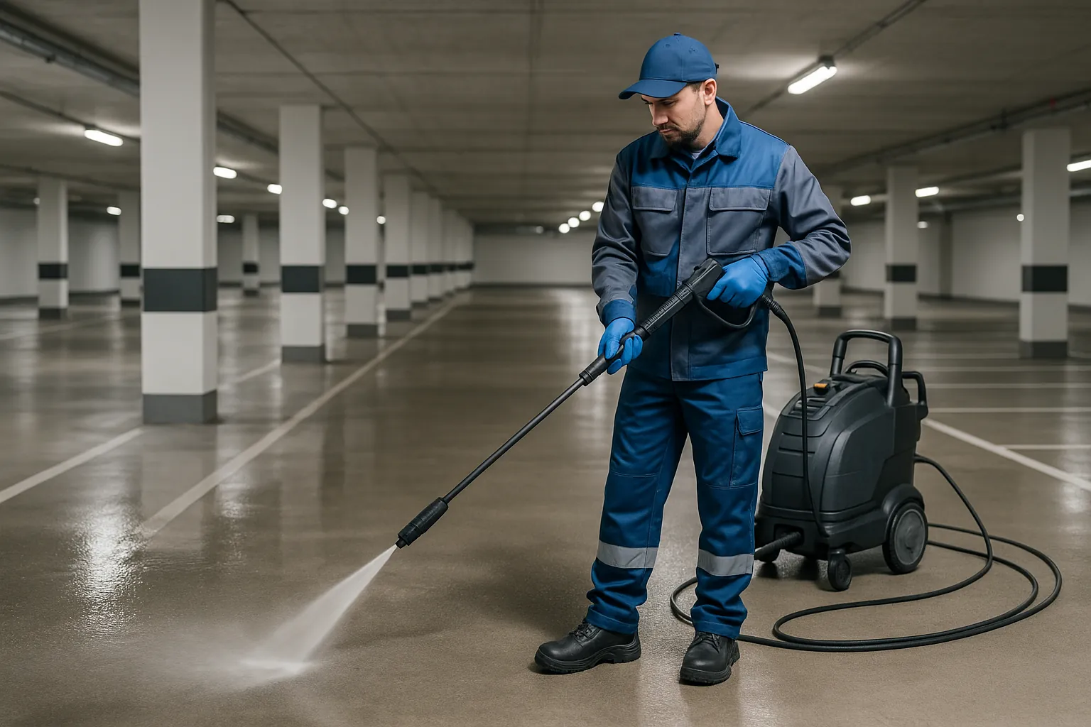 Fachkraft reinigt gründlich die Tiefgaragenböden eines modernen Parkhauses mit Hochdruckreiniger, klares Licht, professionelle Fotografie, 4K Qualität