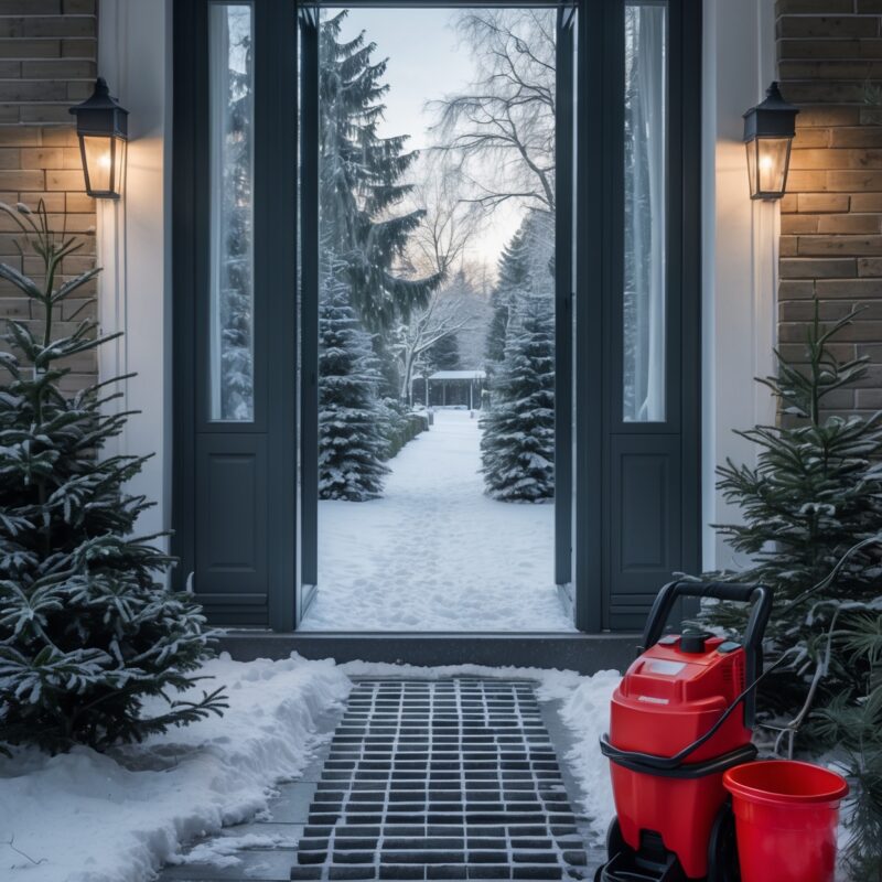 Gebäudedienstleister plant Winterdienst am Tablet, draußen verschneiter Eingang mit geräumtem Weg, kühles Tageslicht, professionelle Fotografie, 4K Qualität