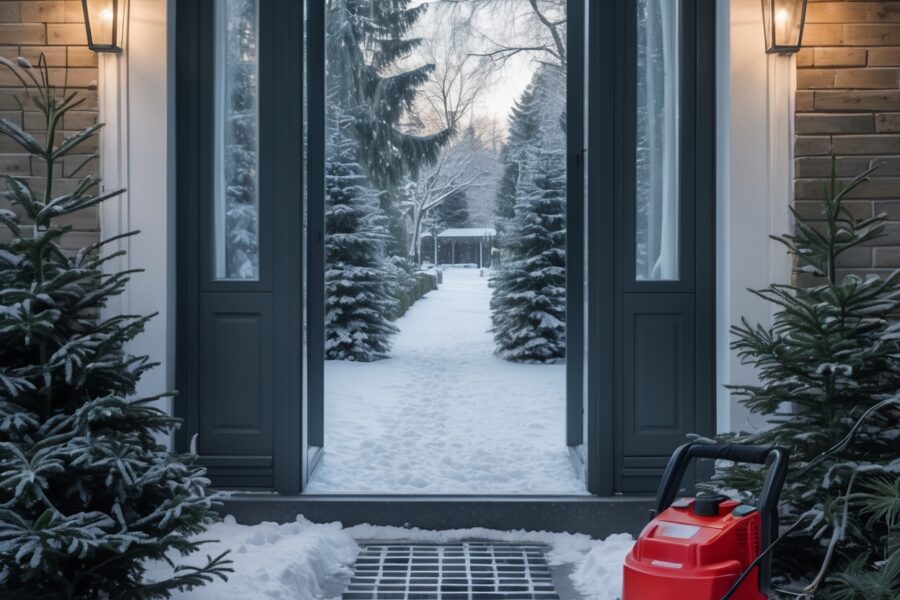 Gebäudedienstleister plant Winterdienst am Tablet, draußen verschneiter Eingang mit geräumtem Weg, kühles Tageslicht, professionelle Fotografie, 4K Qualität