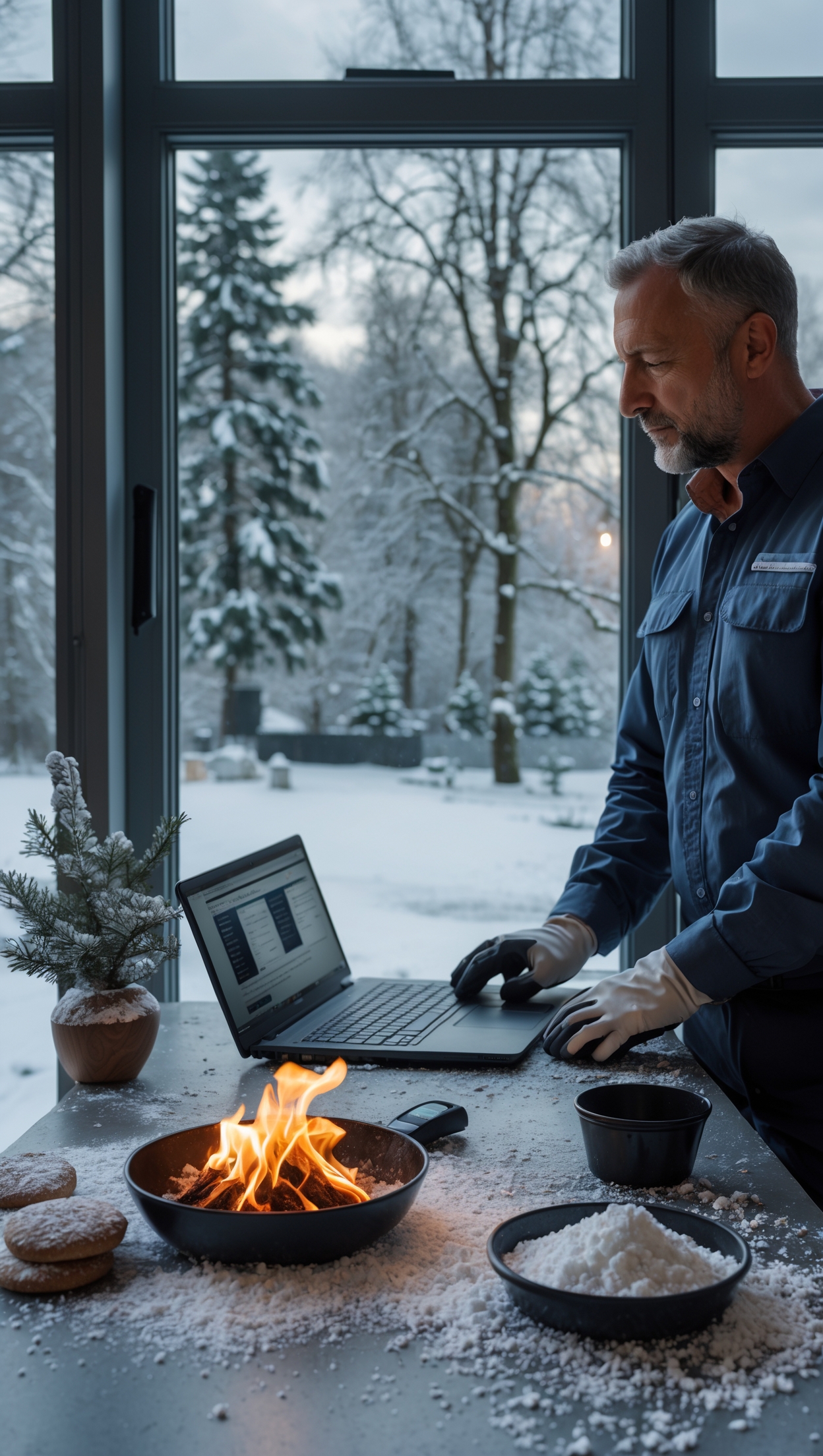 Gebäudedienstleister plant Winterdienst am Laptop, neben Schneeschaufel und Streusalz, in modernem Büro mit großen Fenstern, kaltes Tageslicht, professionelle Fotografie, 4K Qualität